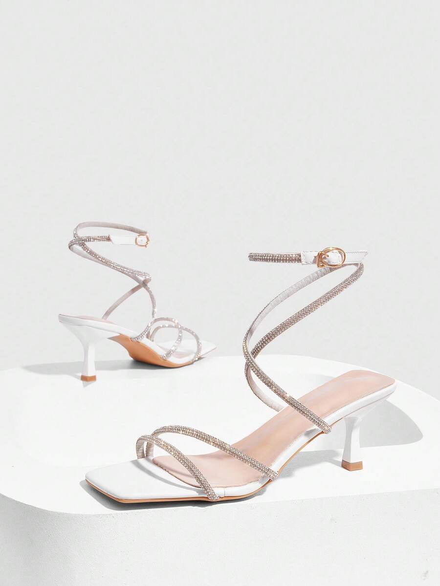 Square toe kitten heel sandals with sparkling rhinestone strap in light gold PU leather