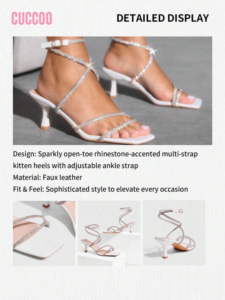 Square toe kitten heel sandals with sparkling rhinestone strap in light gold PU leather