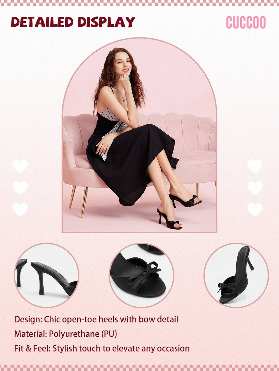 Pair of women's open toe stiletto heeled sandals crafted in satin with a bow accent
