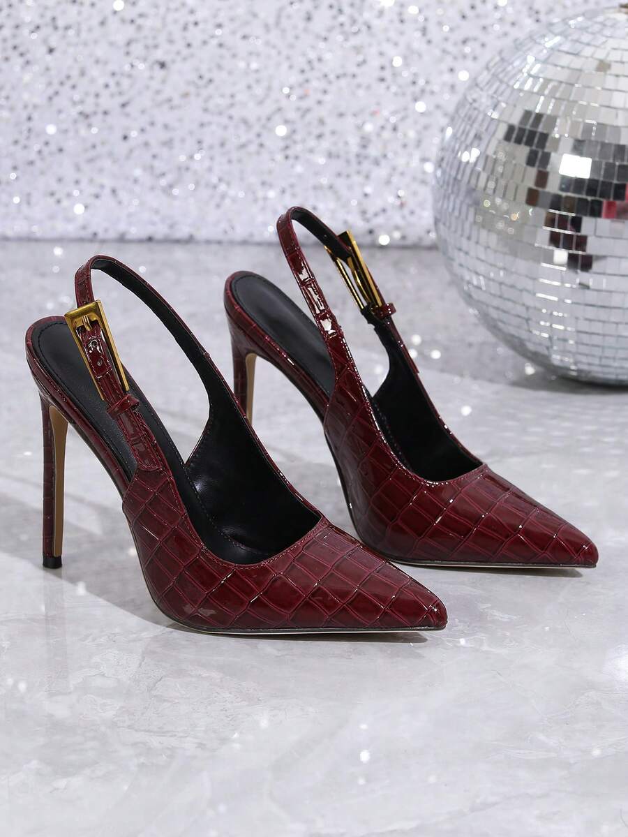 Women's pointed toe stiletto high heel pumps featuring a lace bow accent and slingback buckle strap.