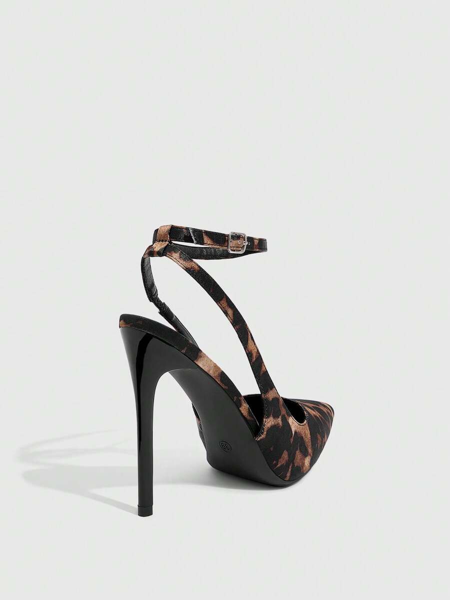 Pointed toe stiletto high heels with slingback silhouette and adjustable buckle ankle strap.