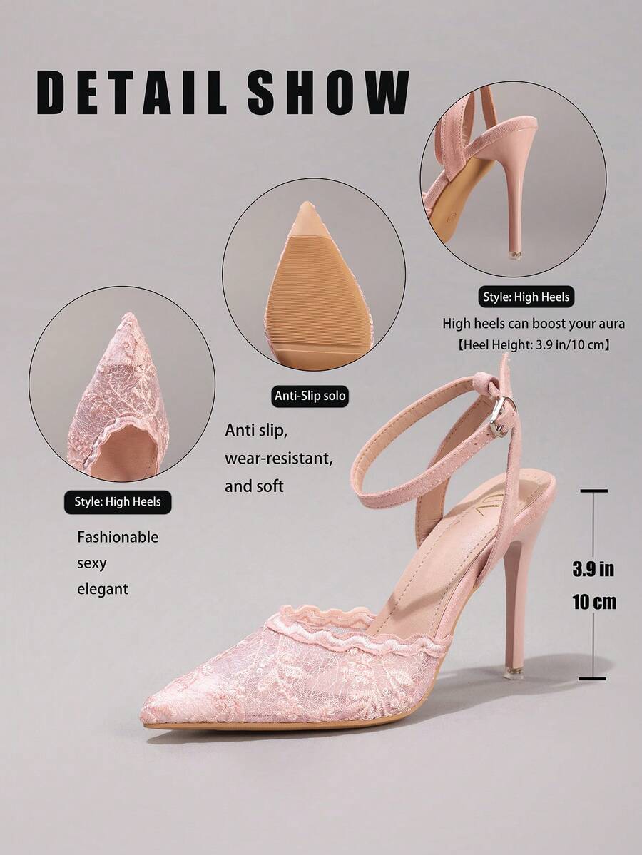 Lace embroidered high heels with thin stiletto heel, pointed toe, rhinestone embellishments, and ankle strap buckle closure.