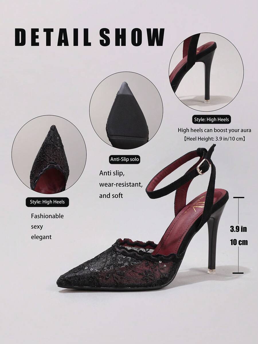 Lace embroidered high heels with thin stiletto heel, pointed toe, rhinestone embellishments, and ankle strap buckle closure.