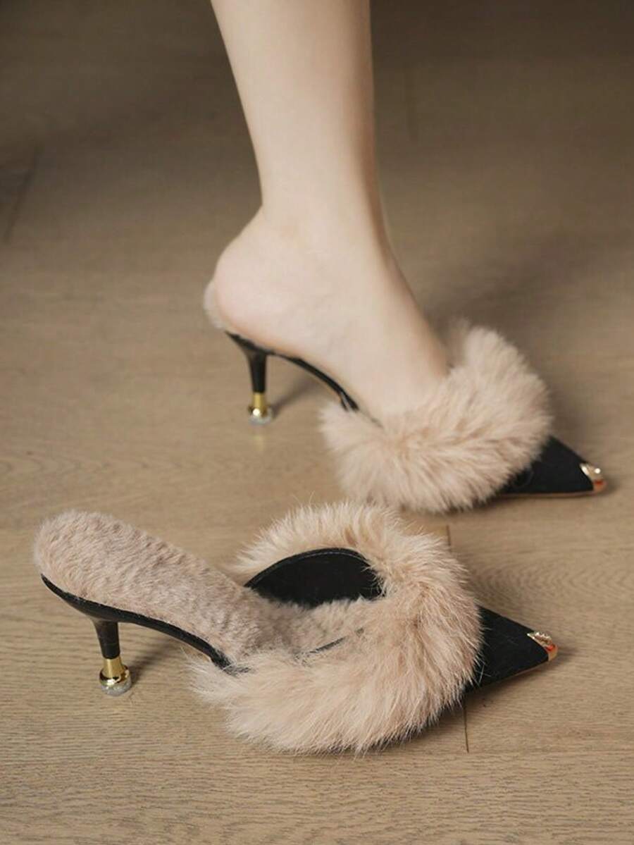 Burgundy pointed toe stiletto heel mules featuring fuzzy faux fur trim and a sleek slip-on design.