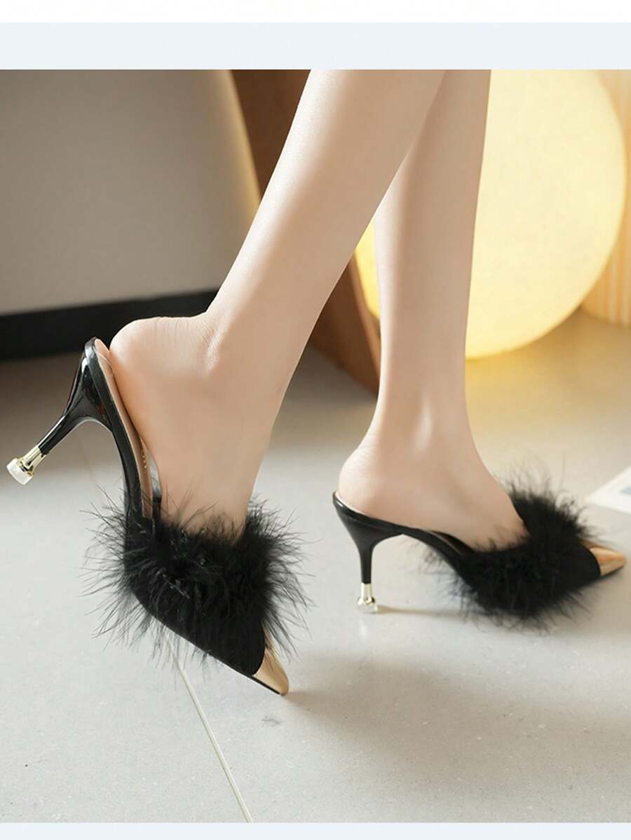 Burgundy pointed toe stiletto heel mules featuring fuzzy faux fur trim and a sleek slip-on design.