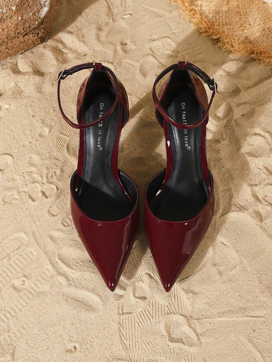 Elegant pointy-toe stiletto high heel pumps with hollow out sides and buckle ankle strap for weddings and evening dresses.