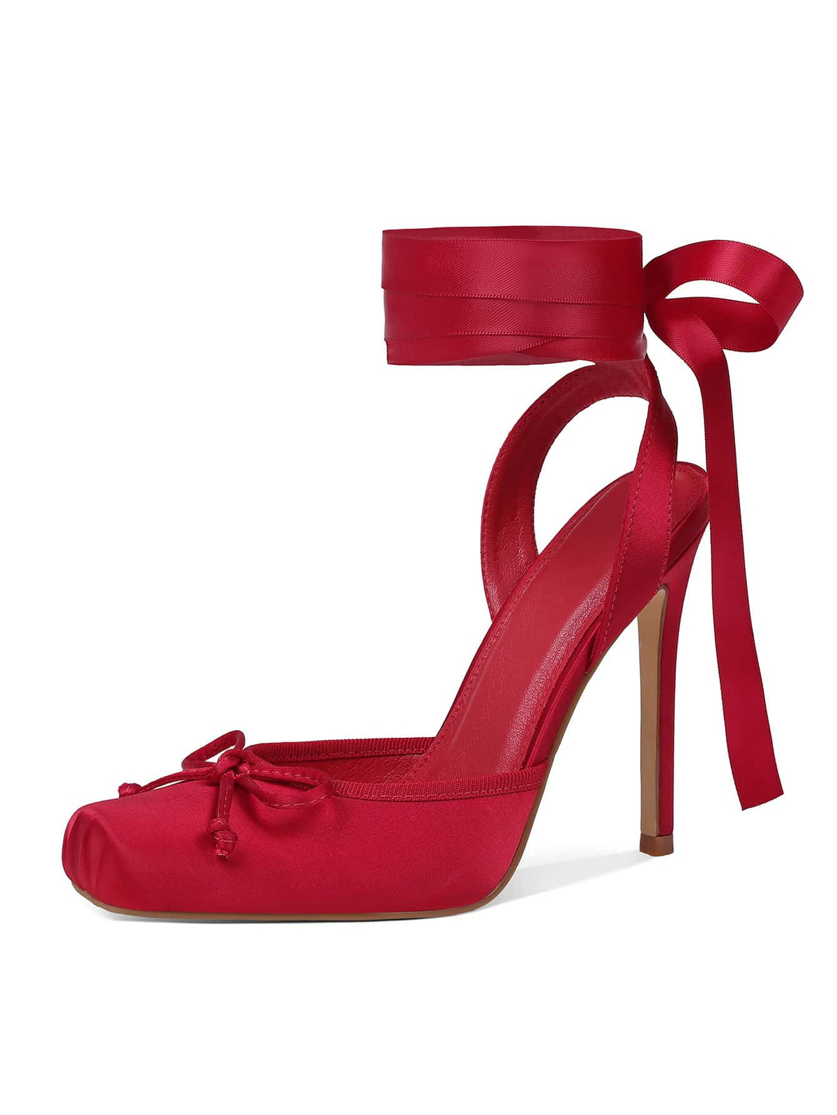 Women's square toe satin ballet stiletto heels with lace-up straps and bow detail.