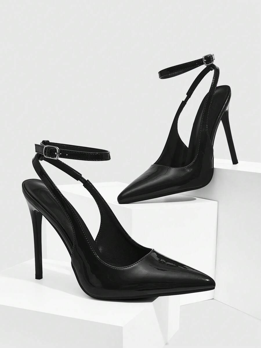 Pointed toe stiletto high heels with slingback silhouette and adjustable buckle ankle strap.