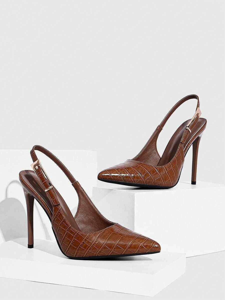 Pointed toe stiletto high heel evening party pumps featuring an ankle strap with buckle closure.