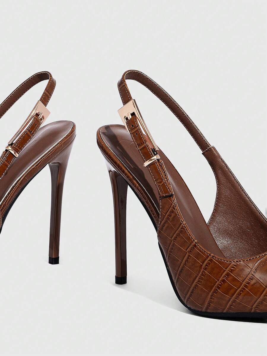 Pointed toe stiletto high heel evening party pumps featuring an ankle strap with buckle closure.