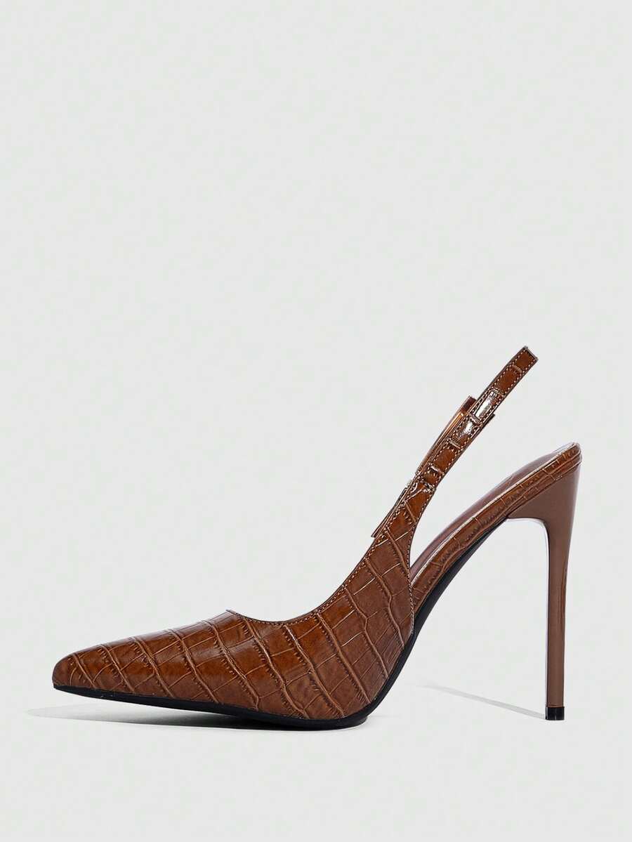 Pointed toe stiletto high heel evening party pumps featuring an ankle strap with buckle closure.