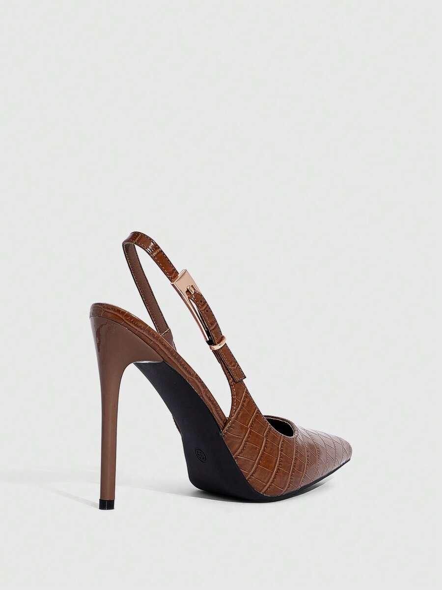 Pointed toe stiletto high heel evening party pumps featuring an ankle strap with buckle closure.