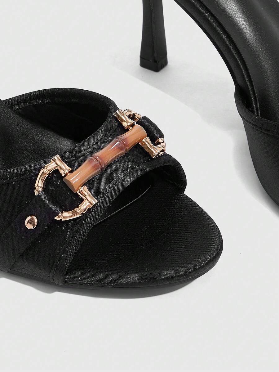 Women's beige high heel mule sandals with open round toe and metal chain detail
