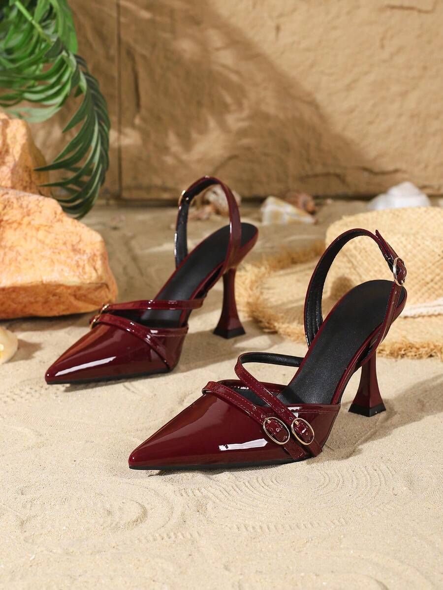 Women's point toe high heel pumps with ankle strap and wine glass pyramid heel