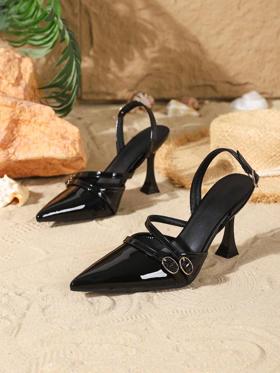 Women's point toe high heel pumps with ankle strap and wine glass pyramid heel