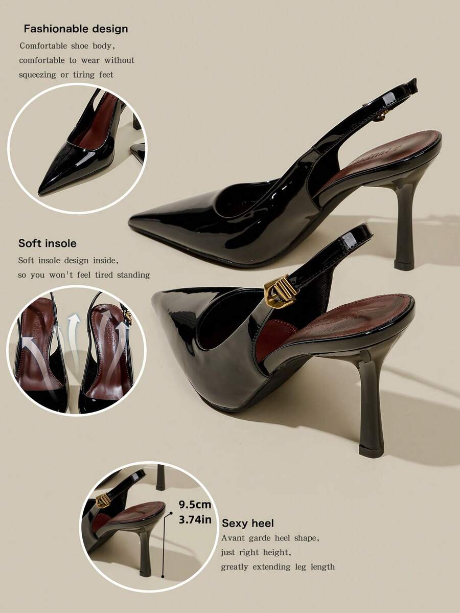 Women's pointed toe kitten heel pumps with adjustable buckle back strap and sleek patent finish.