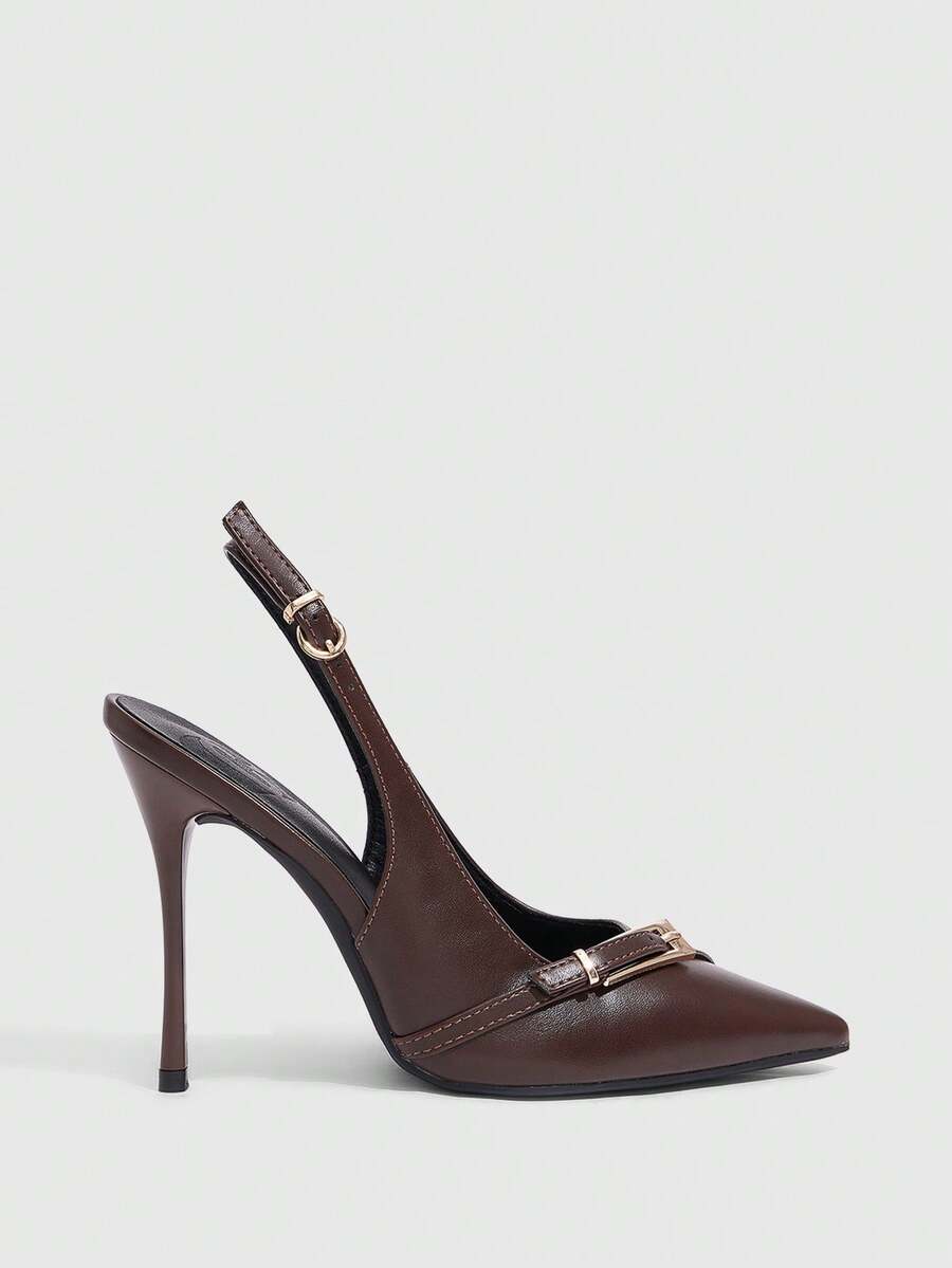 Pointed toe slingback high heel pumps with back strap and butterfly accent in PU leather