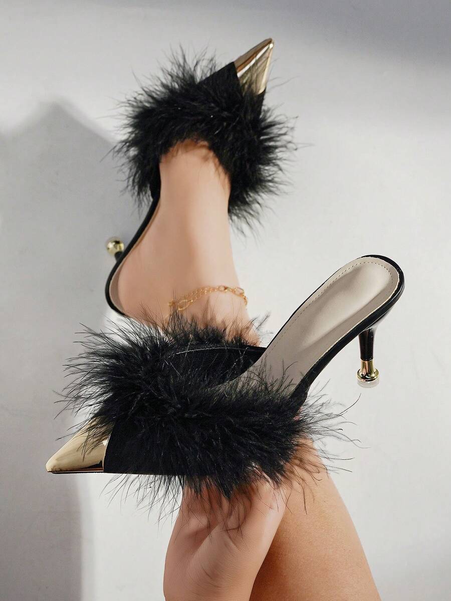 Burgundy pointed toe stiletto heel mules featuring fuzzy faux fur trim and a sleek slip-on design.