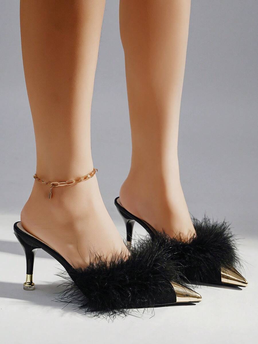 Burgundy pointed toe stiletto heel mules featuring fuzzy faux fur trim and a sleek slip-on design.
