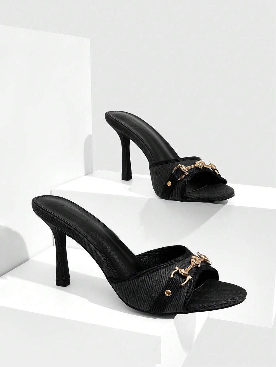 Women's beige high heel mule sandals with open round toe and metal chain detail