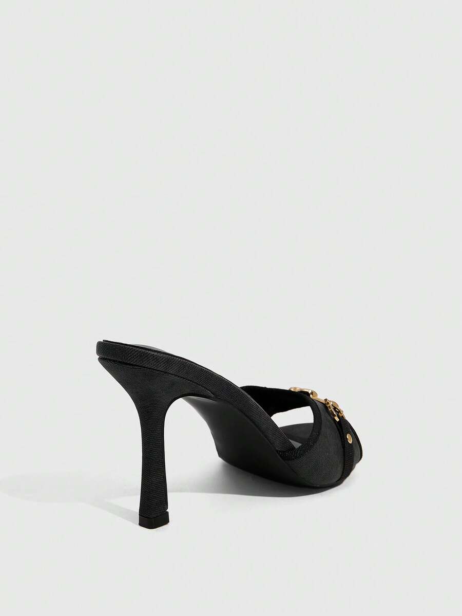 Women's beige high heel mule sandals with open round toe and metal chain detail