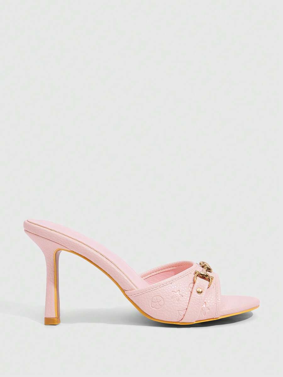 Women's open toe high heel slingback sandals featuring metal bamboo joint accent and stiletto heels.