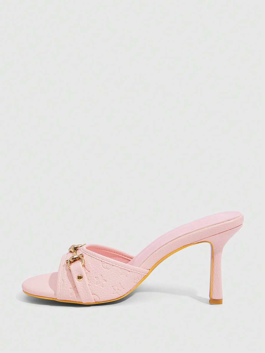 Women's open toe high heel slingback sandals featuring metal bamboo joint accent and stiletto heels.