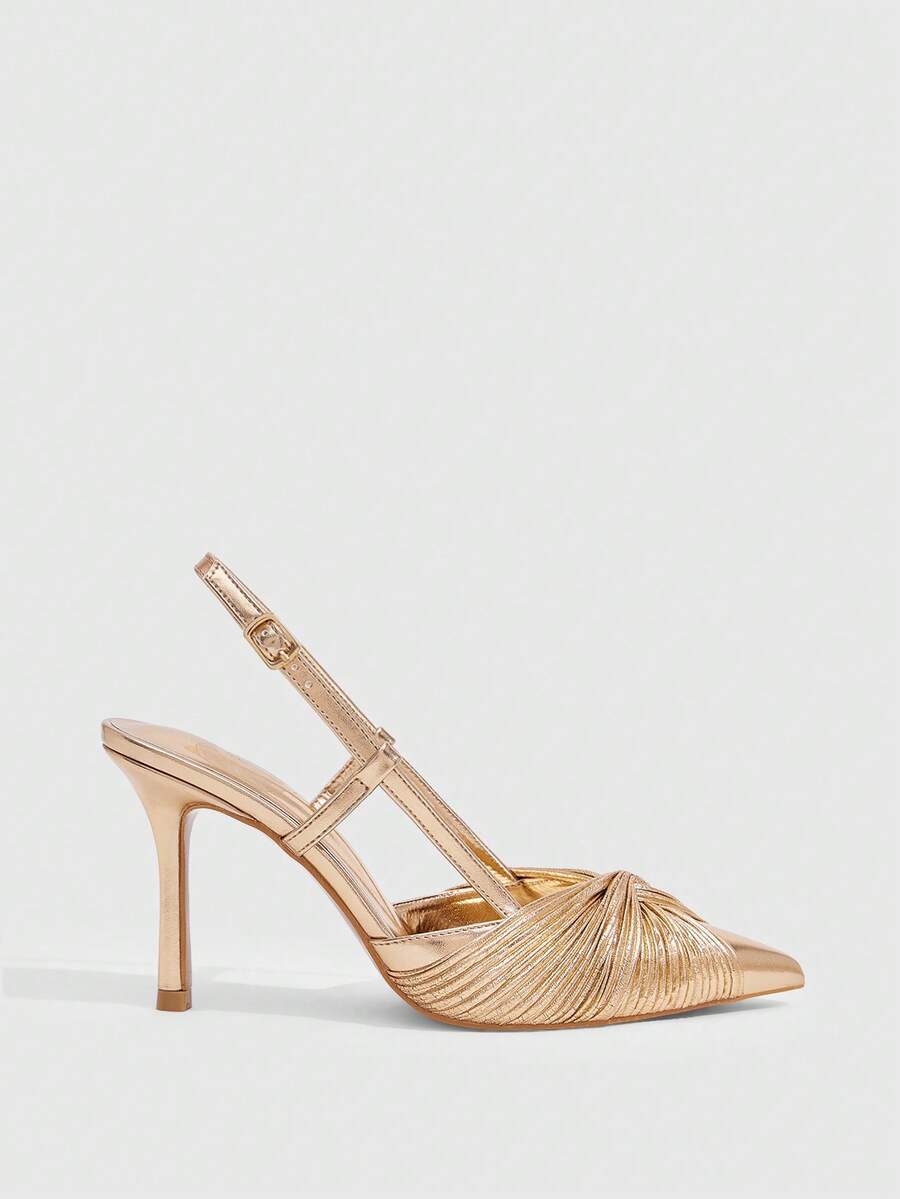 Women's pointed toe high heel slingback shoes featuring a stylish front twist detail, stiletto heel, and adjustable ankle buckle strap.