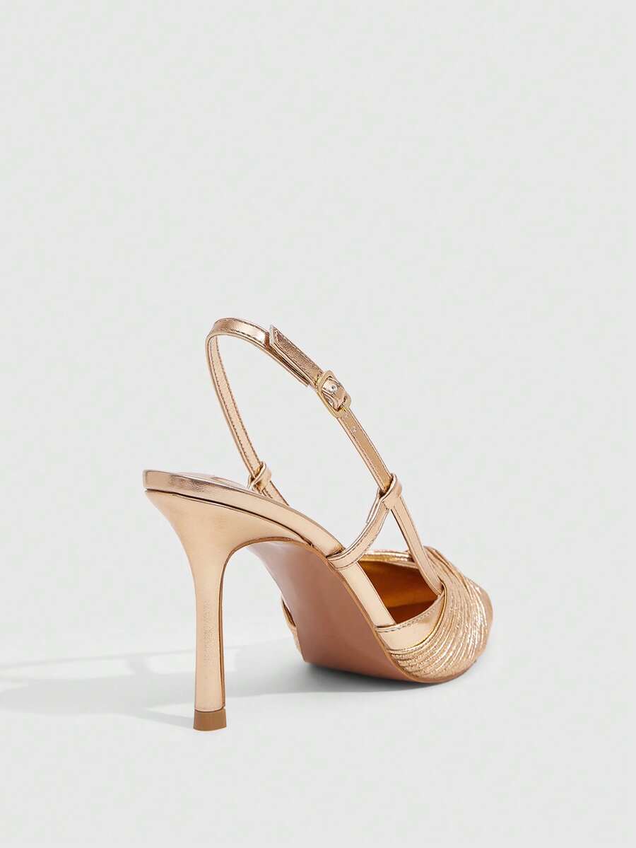 Women's pointed toe high heel slingback shoes featuring a stylish front twist detail, stiletto heel, and adjustable ankle buckle strap.