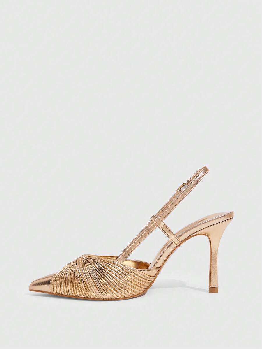 Women's pointed toe high heel slingback shoes featuring a stylish front twist detail, stiletto heel, and adjustable ankle buckle strap.