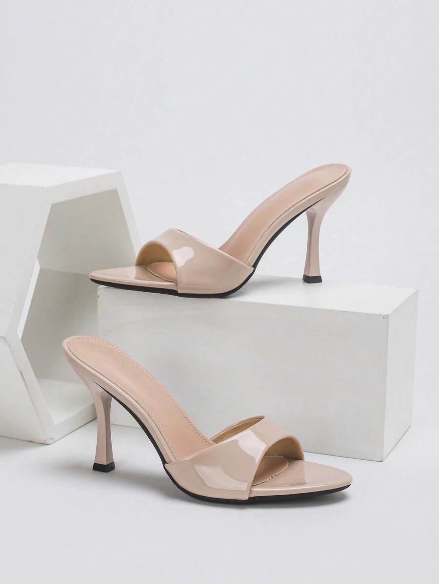 Women's open toe high heel sandals with slingback strap and sleek stiletto heel in smooth PU leather.