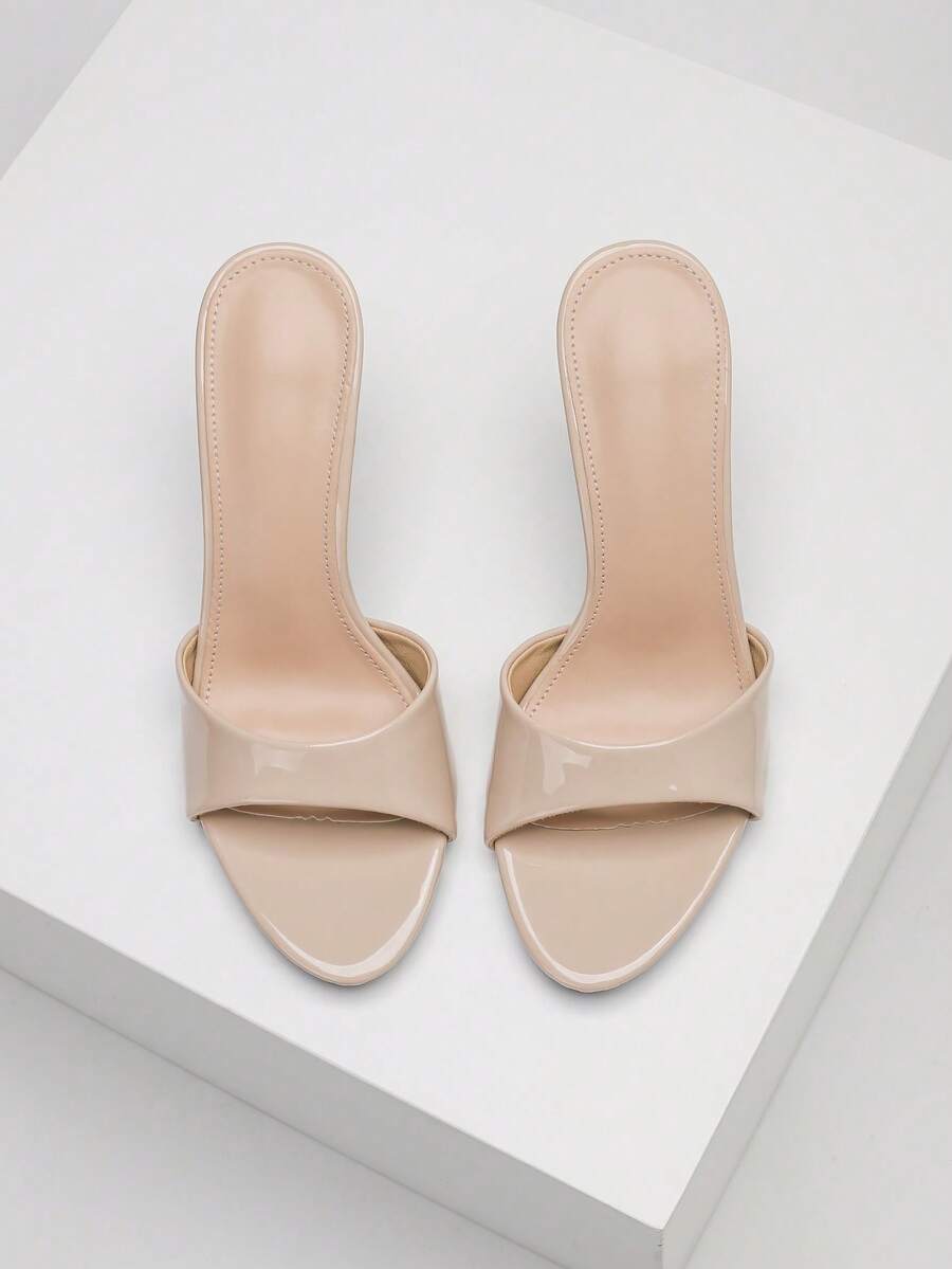 Women's open toe high heel sandals with slingback strap and sleek stiletto heel in smooth PU leather.
