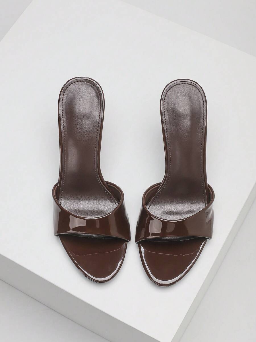 Women's open toe high heel sandals with slingback strap and sleek stiletto heel in smooth PU leather.