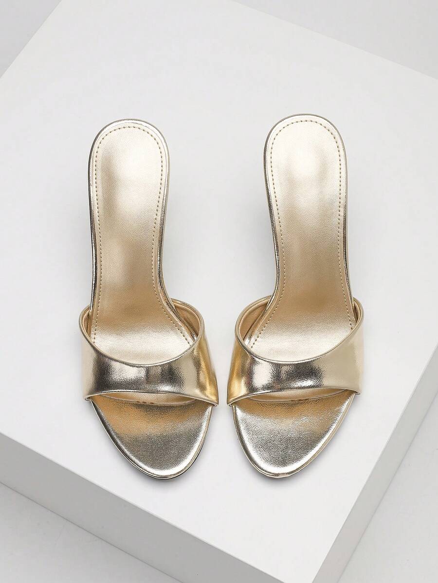 Women's open toe high heel sandals with slingback strap and sleek stiletto heel in smooth PU leather.
