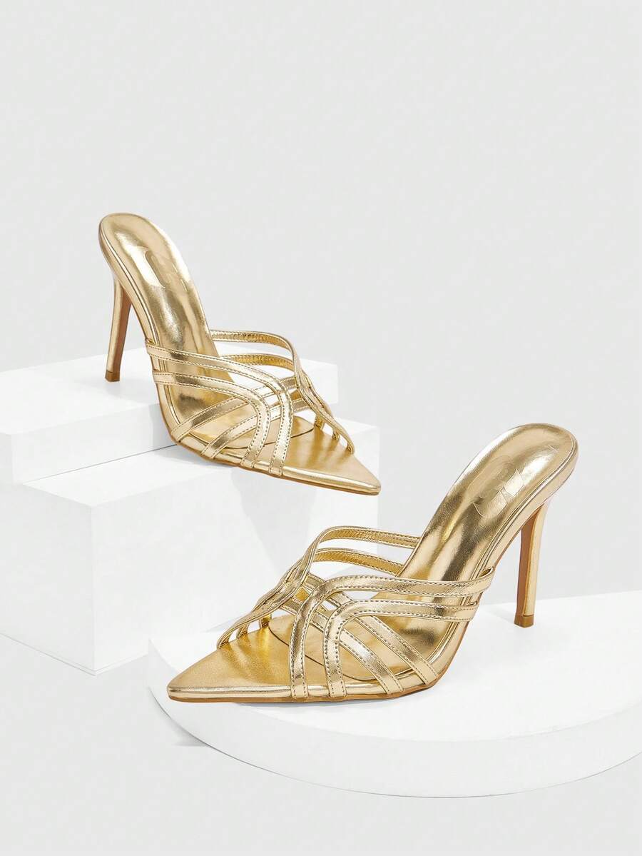 Women's brown flannel pointed open-toe heeled sandals featuring a slip-on mule design with high stiletto heels.