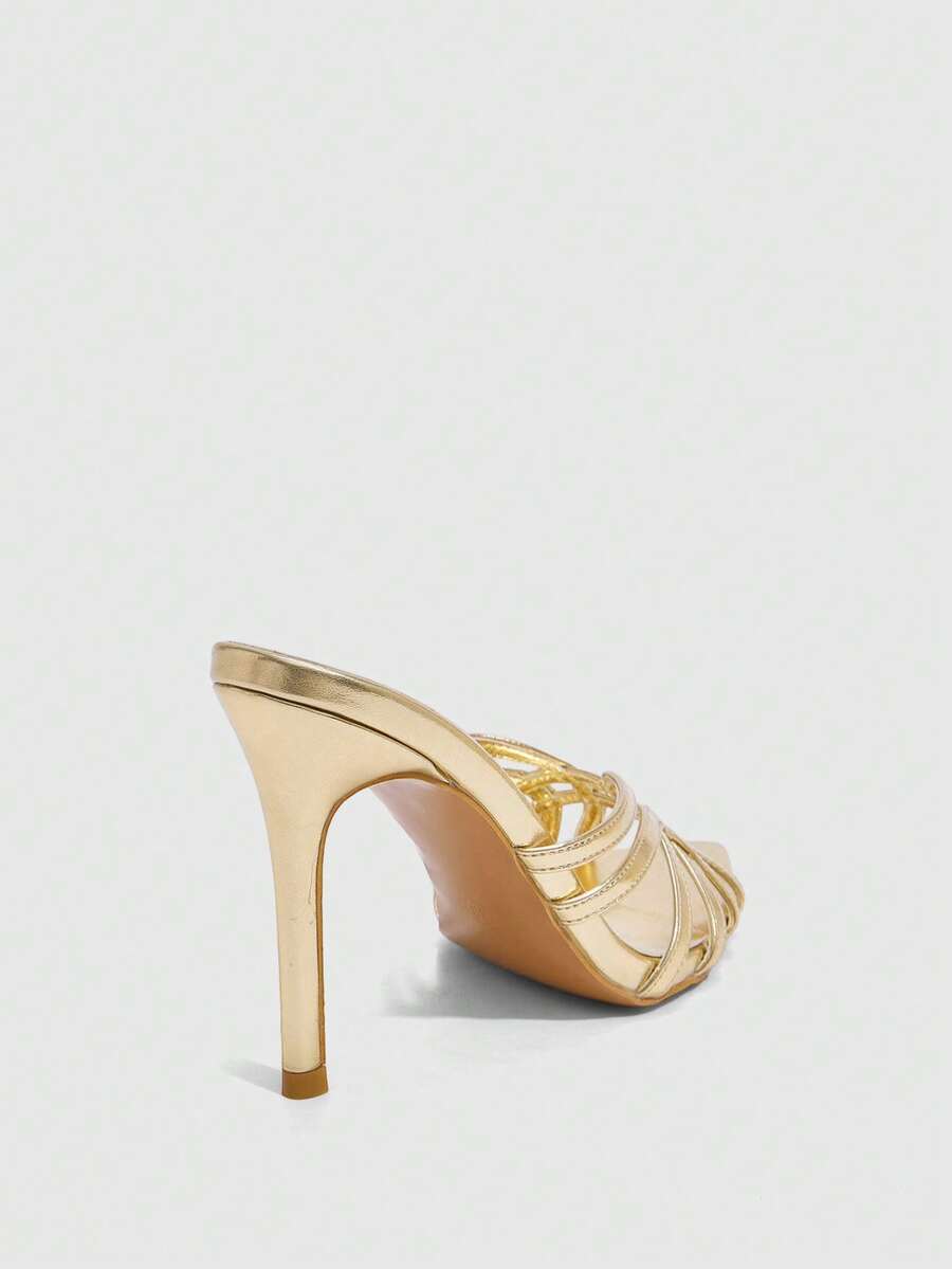 Women's brown flannel pointed open-toe heeled sandals featuring a slip-on mule design with high stiletto heels.