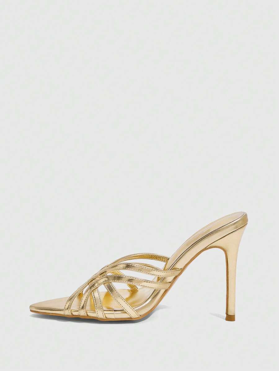 Women's brown flannel pointed open-toe heeled sandals featuring a slip-on mule design with high stiletto heels.