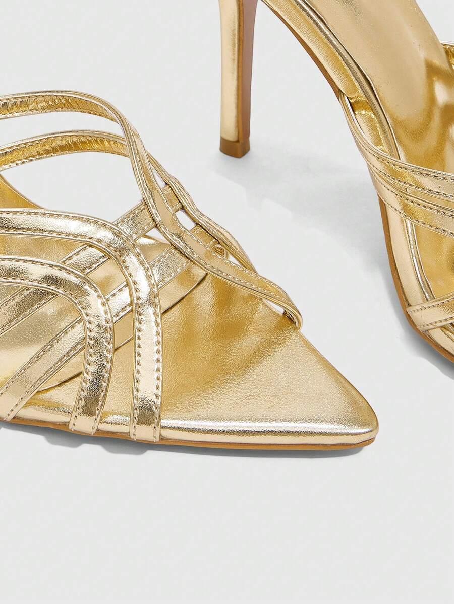 Women's brown flannel pointed open-toe heeled sandals featuring a slip-on mule design with high stiletto heels.
