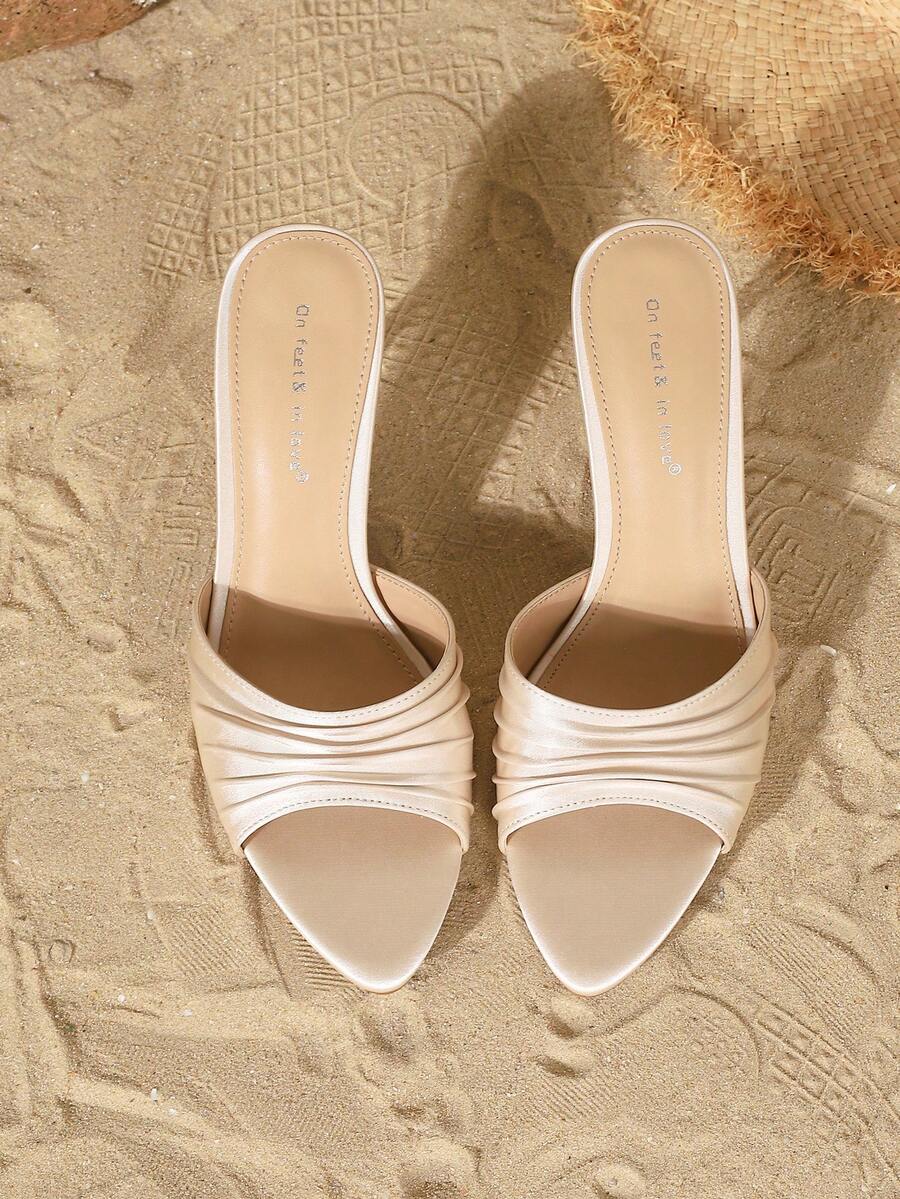 Women's open toe slip-on stiletto heel sandals featuring pleated satin design.