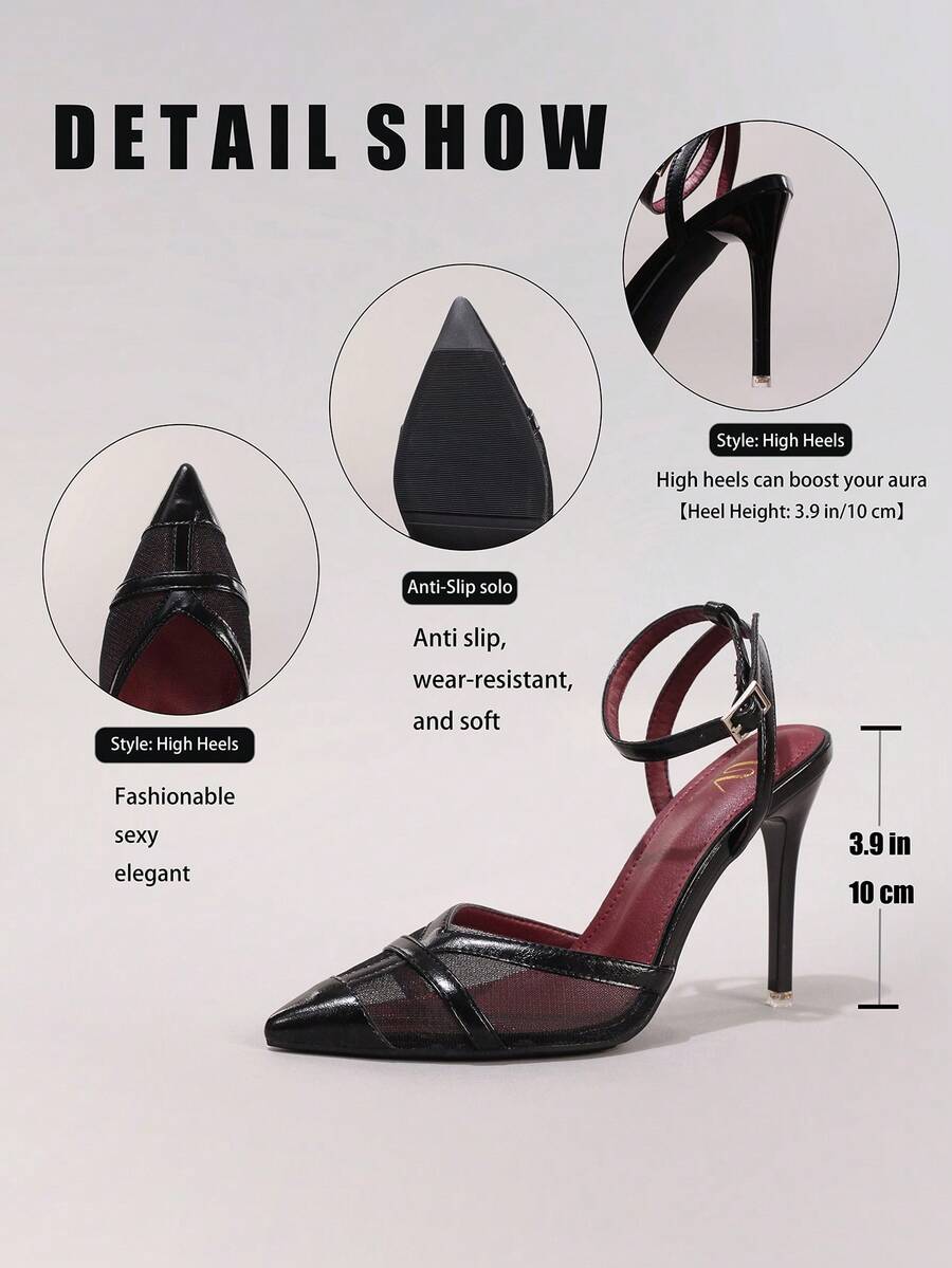 Lace embroidered high heels with thin stiletto heel, pointed toe, rhinestone embellishments, and ankle strap buckle closure.