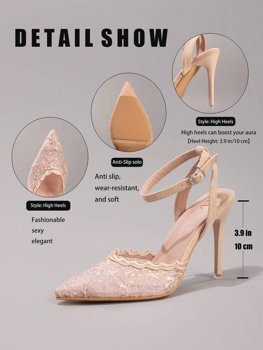 Lace embroidered high heels with thin stiletto heel, pointed toe, rhinestone embellishments, and ankle strap buckle closure.