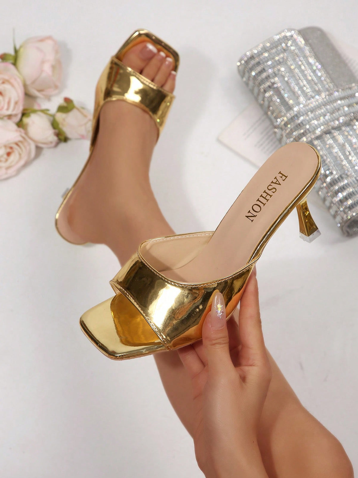 Women's open square toe slip-on high heel sandals with stiletto mid heel