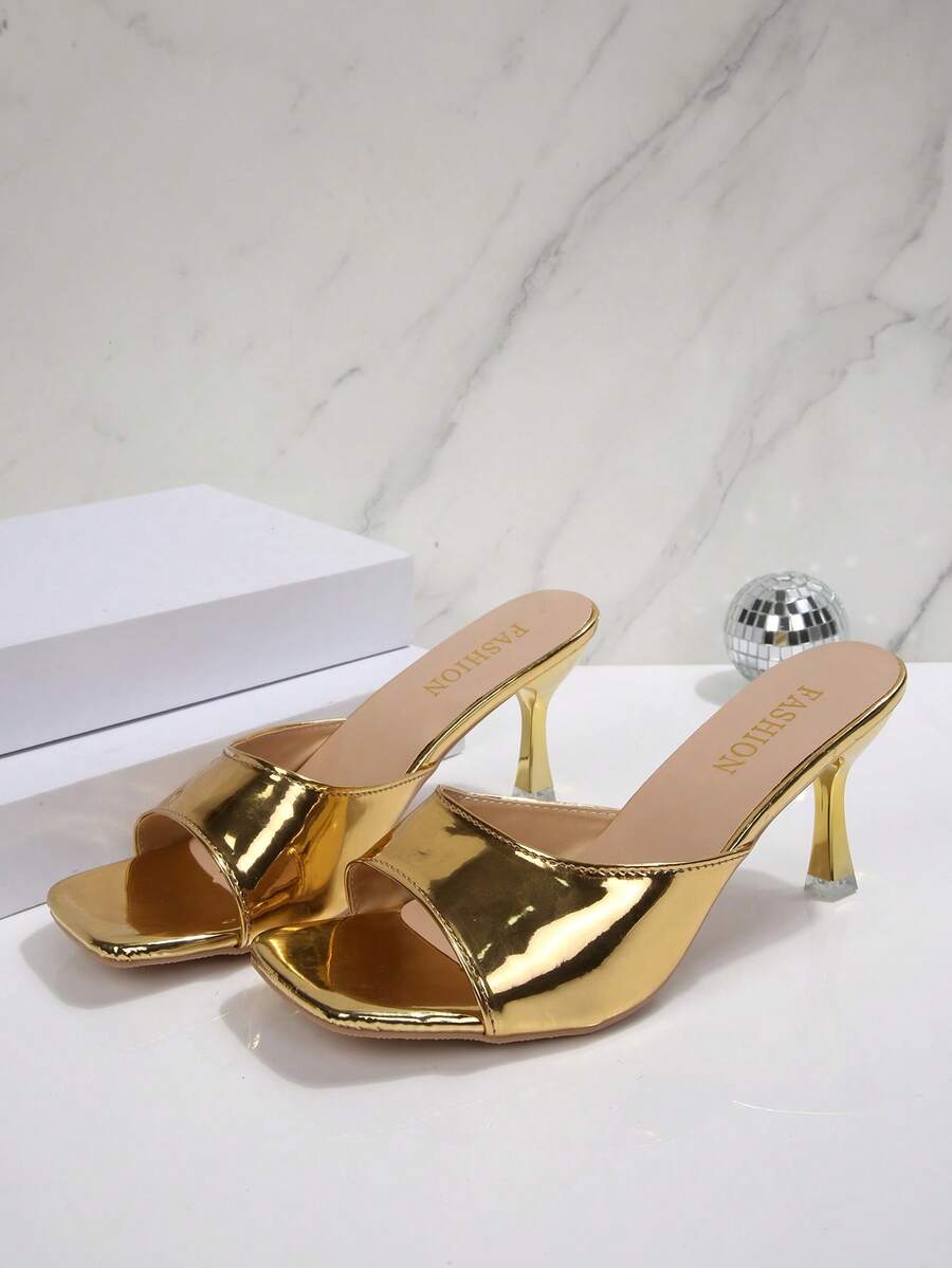 Women's open square toe slip-on high heel sandals with stiletto mid heel