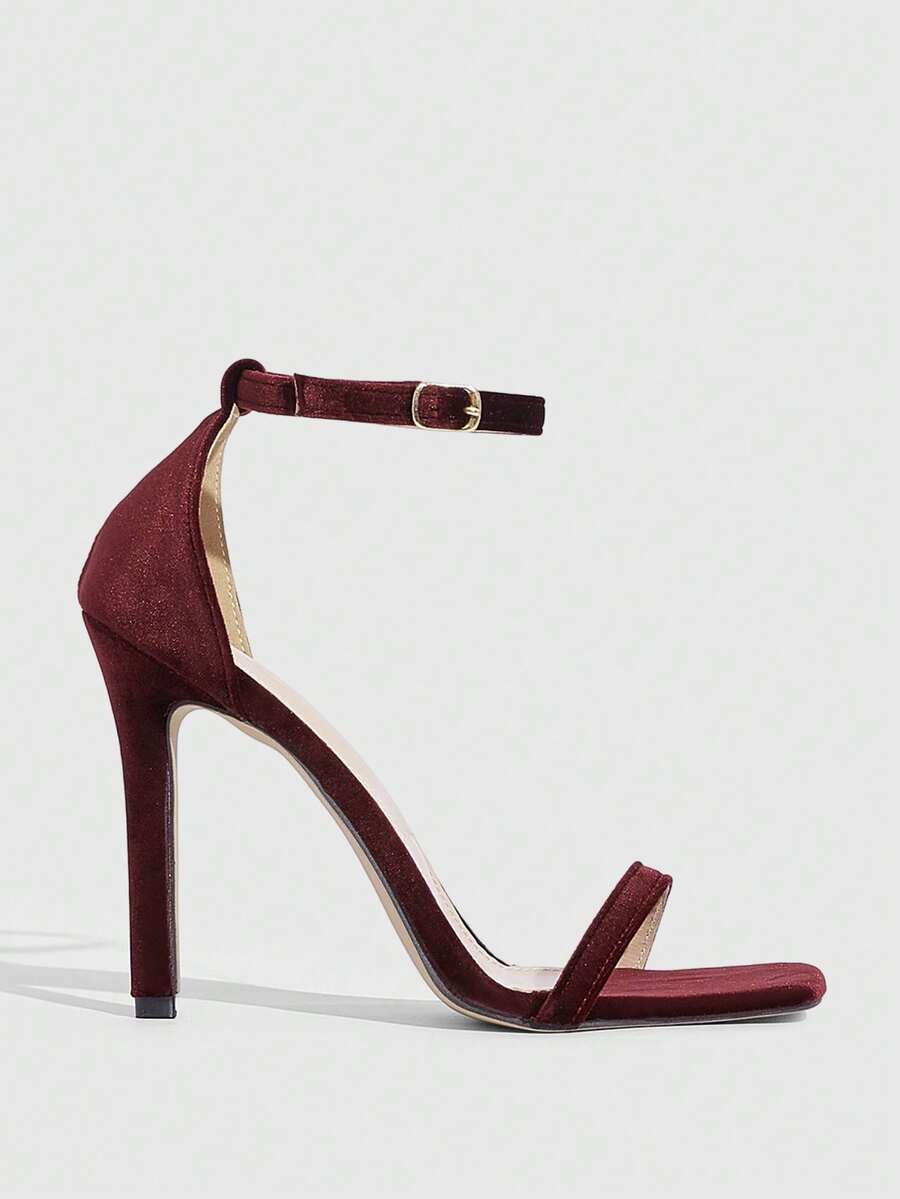 Square toe high-heeled sandals with thin straps, stiletto heel, and buckle ankle strap