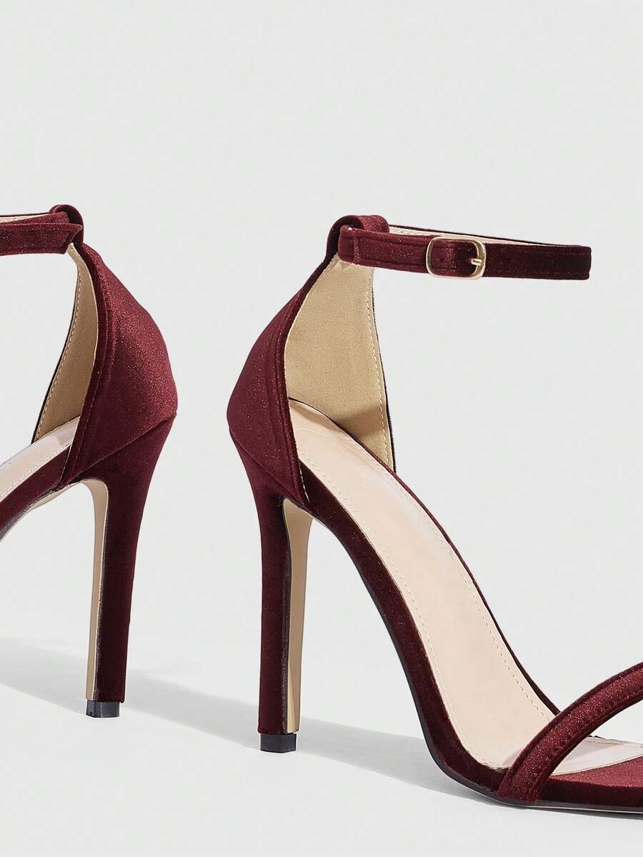 Square toe high-heeled sandals with thin straps, stiletto heel, and buckle ankle strap
