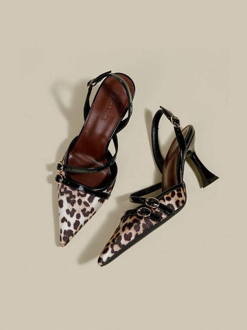 Women's coffee brown patent leather slingback pumps with pointed closed toe and sculpted wine glass high heel.