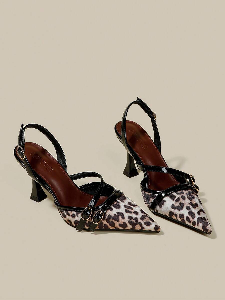 Women's coffee brown patent leather slingback pumps with pointed closed toe and sculpted wine glass high heel.