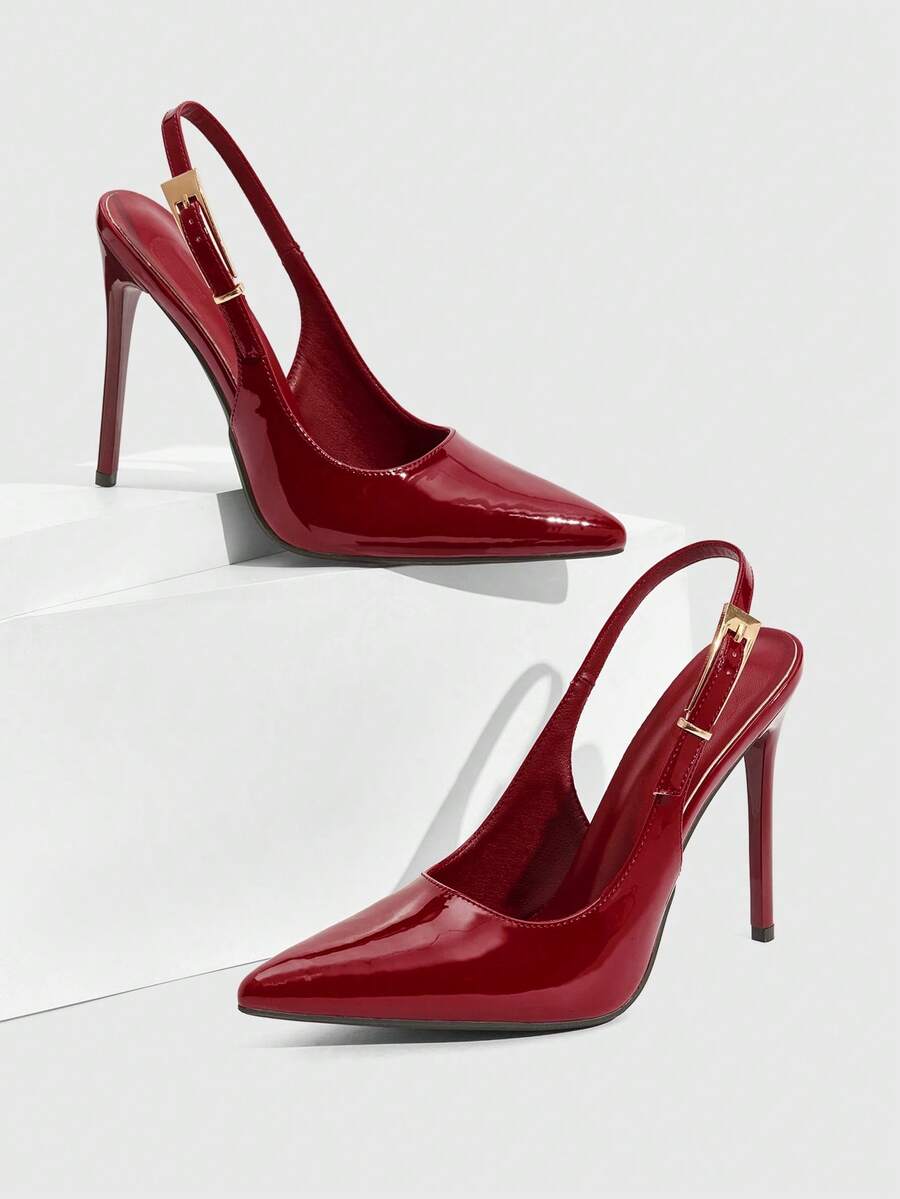 Pointed toe stiletto high heel evening party pumps featuring an ankle strap with buckle closure.