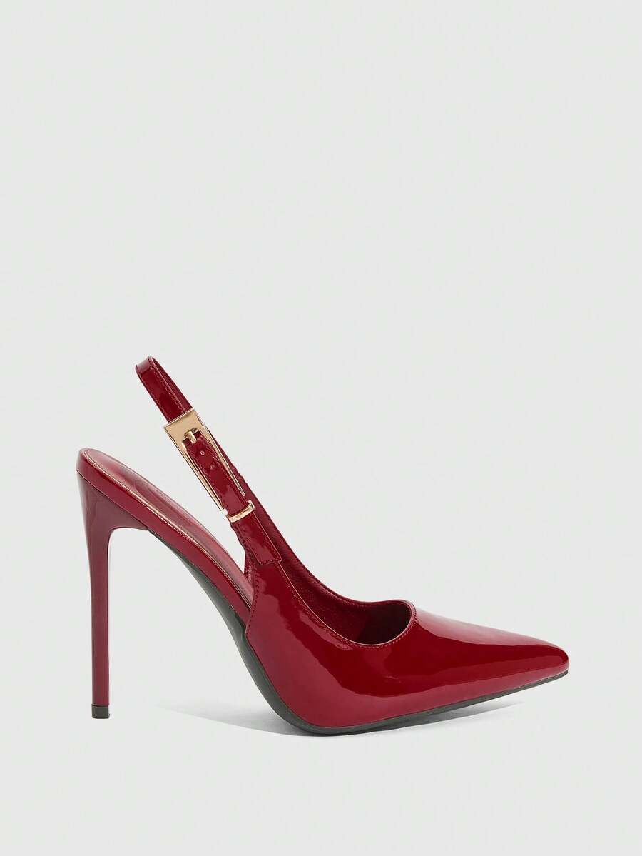 Pointed toe stiletto high heel evening party pumps featuring an ankle strap with buckle closure.