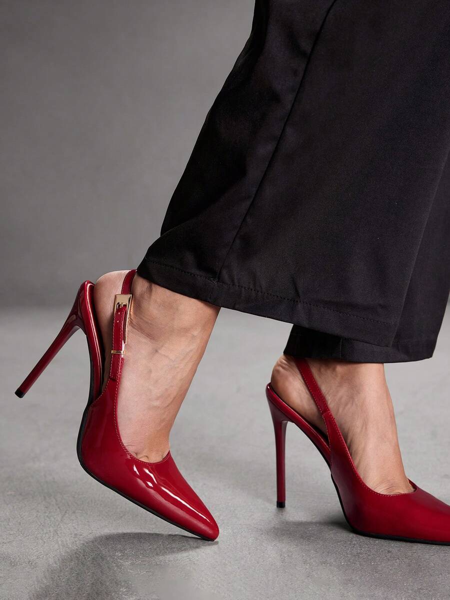 Pointed toe stiletto high heel evening party pumps featuring an ankle strap with buckle closure.